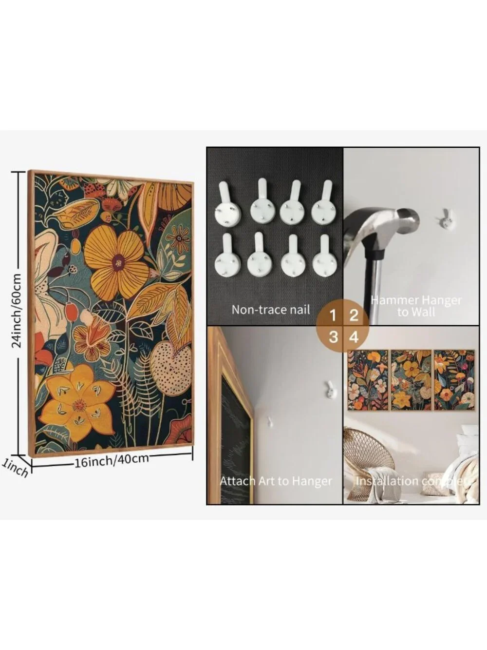 Set of 3 Orange Floral Canvas Wall Art - Mid Century Modern Boho Decor, 16x24